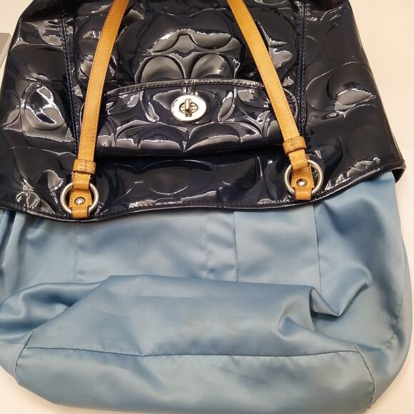 Coach Signature Blue Patent Leather Turnlock Double Handle Tote Shoulder Bag - Picture 13 of 16